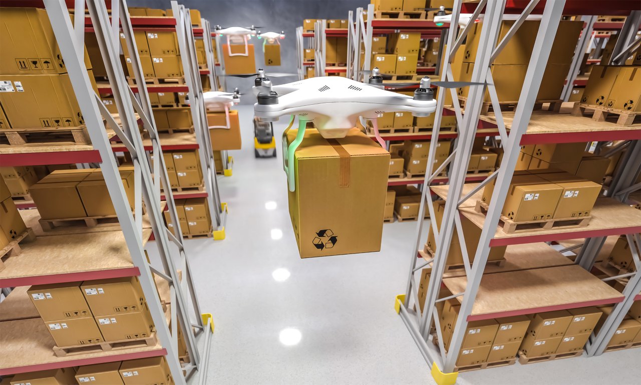 3d rendering image of drones at work in a warehouse full of goods. Concept of automated logistics and fast shipping.