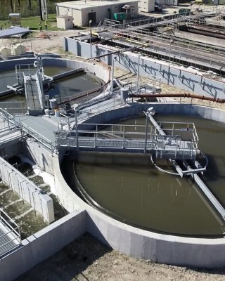 An arial view of the water basins at a water wastewater treatment facility in Chicago Illinois