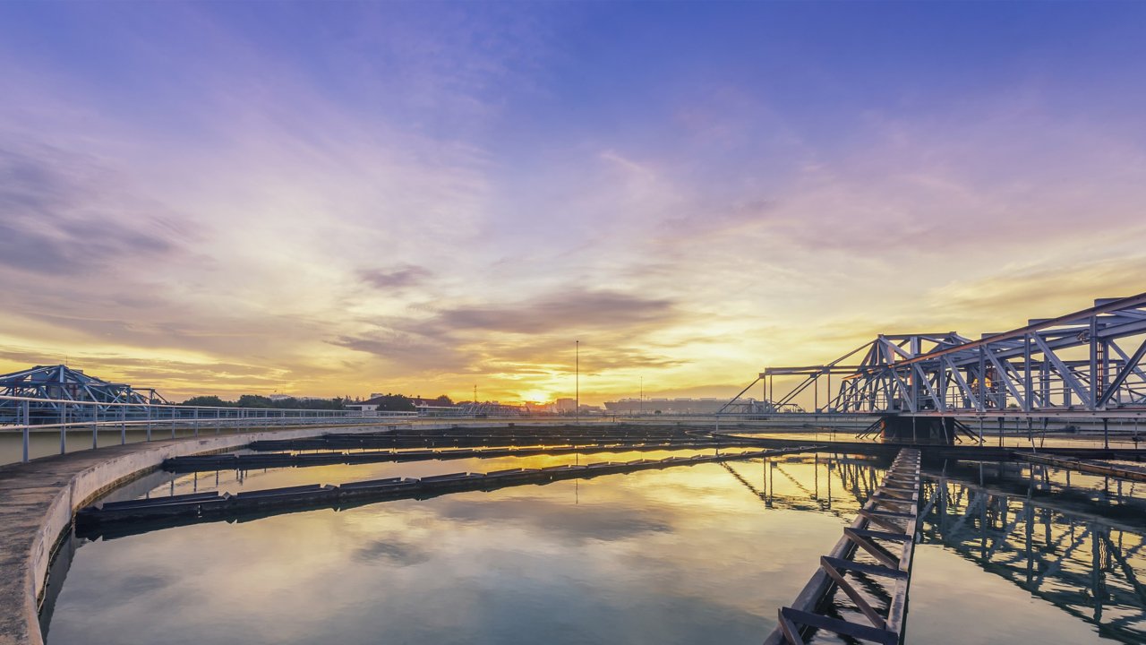 Sewage treatment plant at sunset