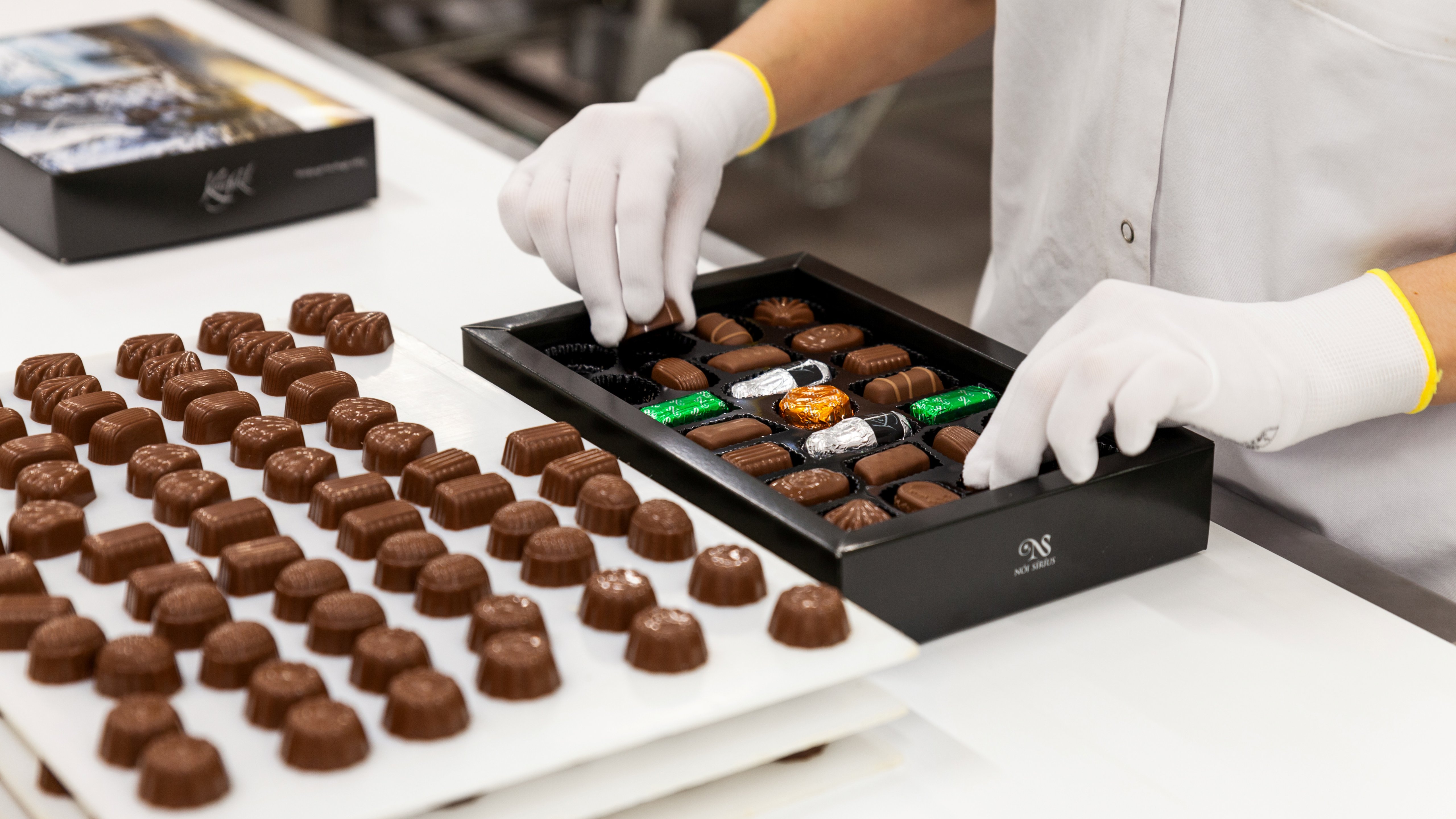 Worker with white gloves puts chocolates into the box