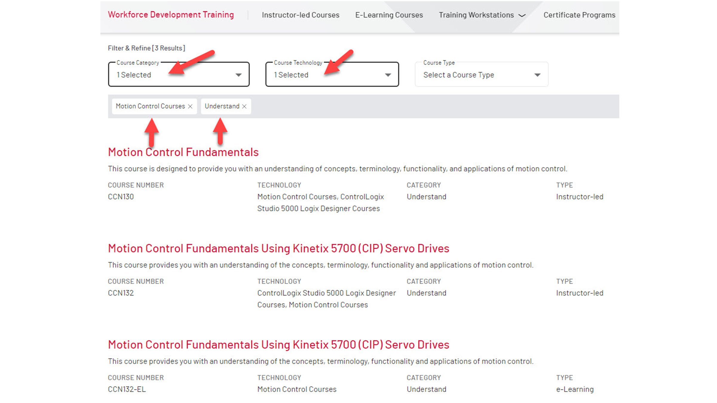 screenshot of filter page example showing motion control technology understand courses