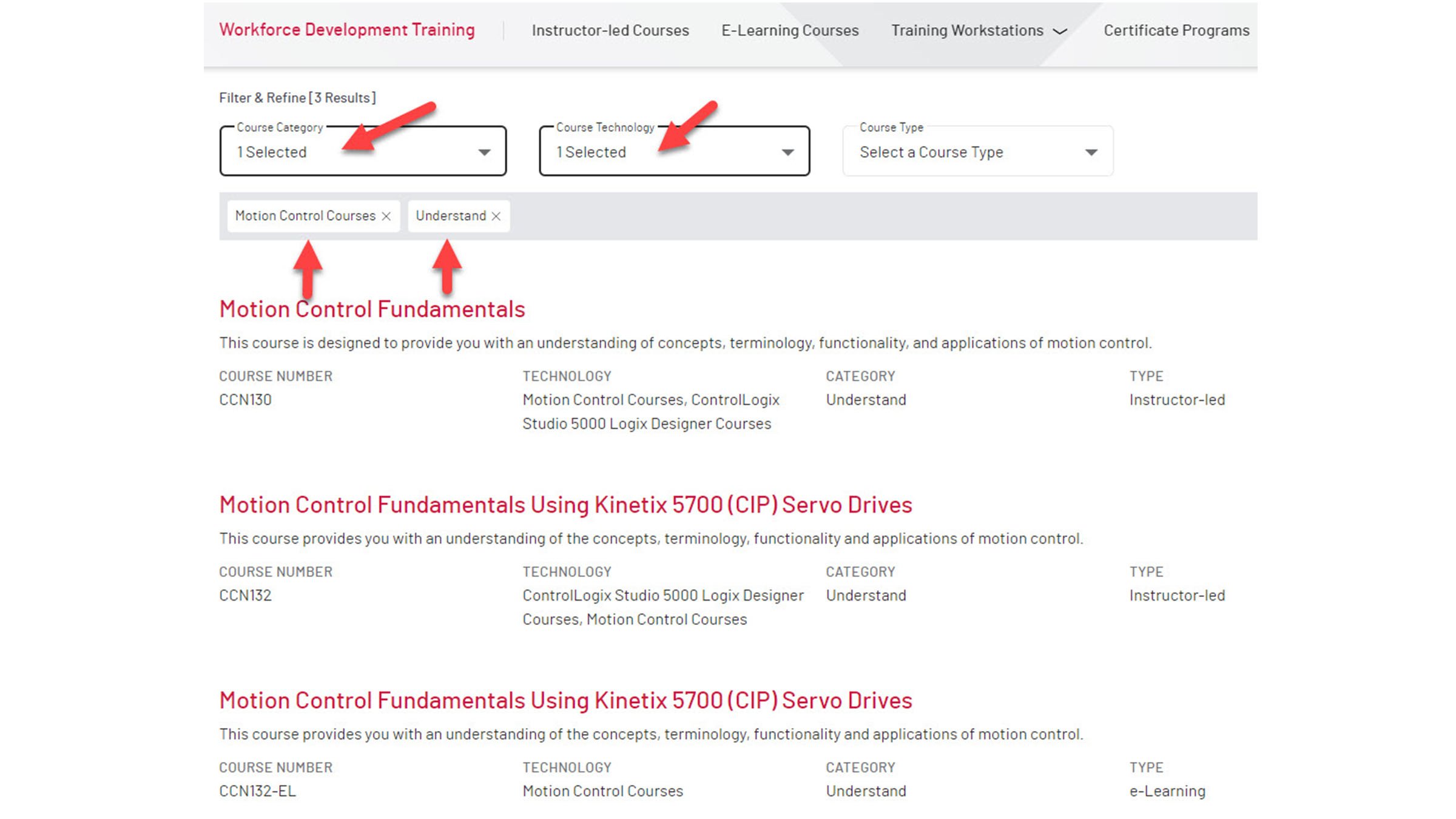 una captura de pantalla de ejemplo de la página de filtros que muestra los cursos de comprensión sobre tecnología de control de movimiento