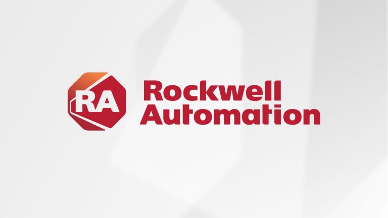 회색 질감 배경의 Rockwell Automation 로고