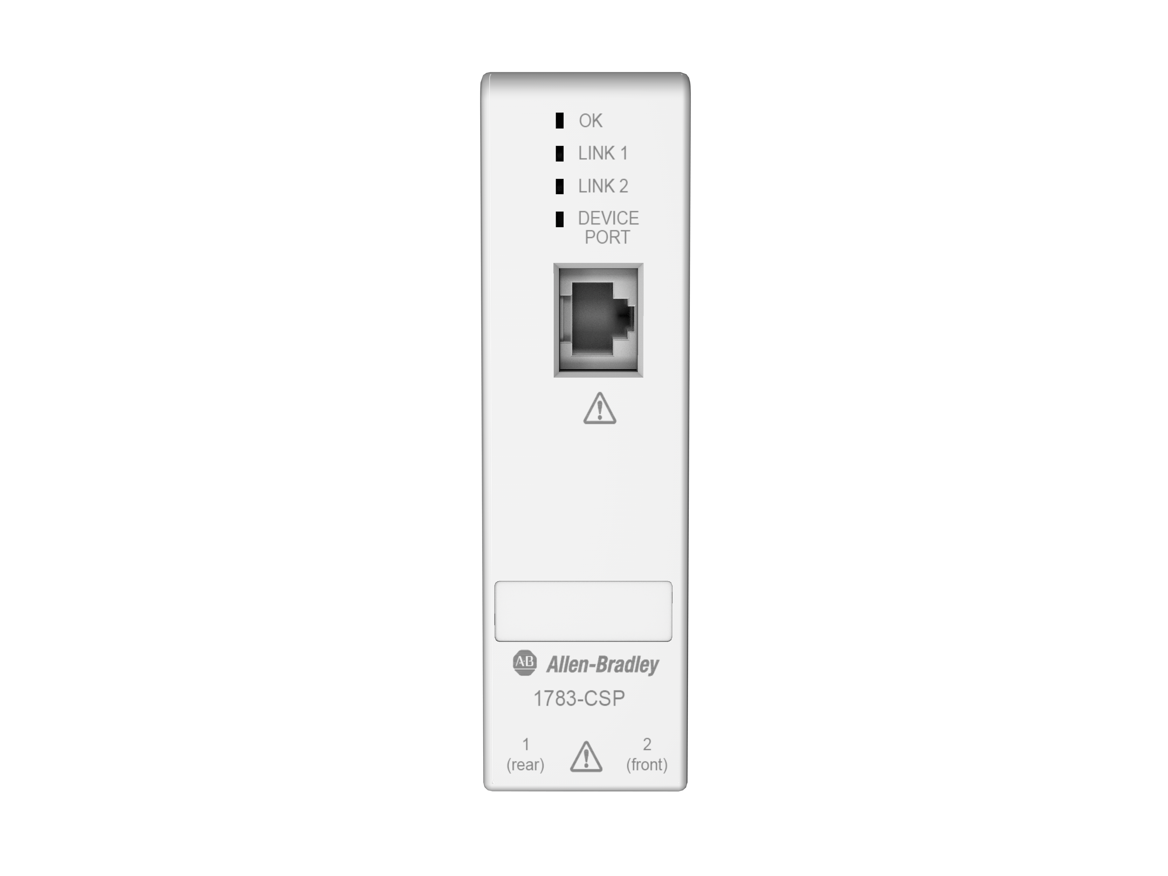Vista frontal do Proxy de CIP Security 1783-CSP. Mostrando iluminação e porta EtherNet