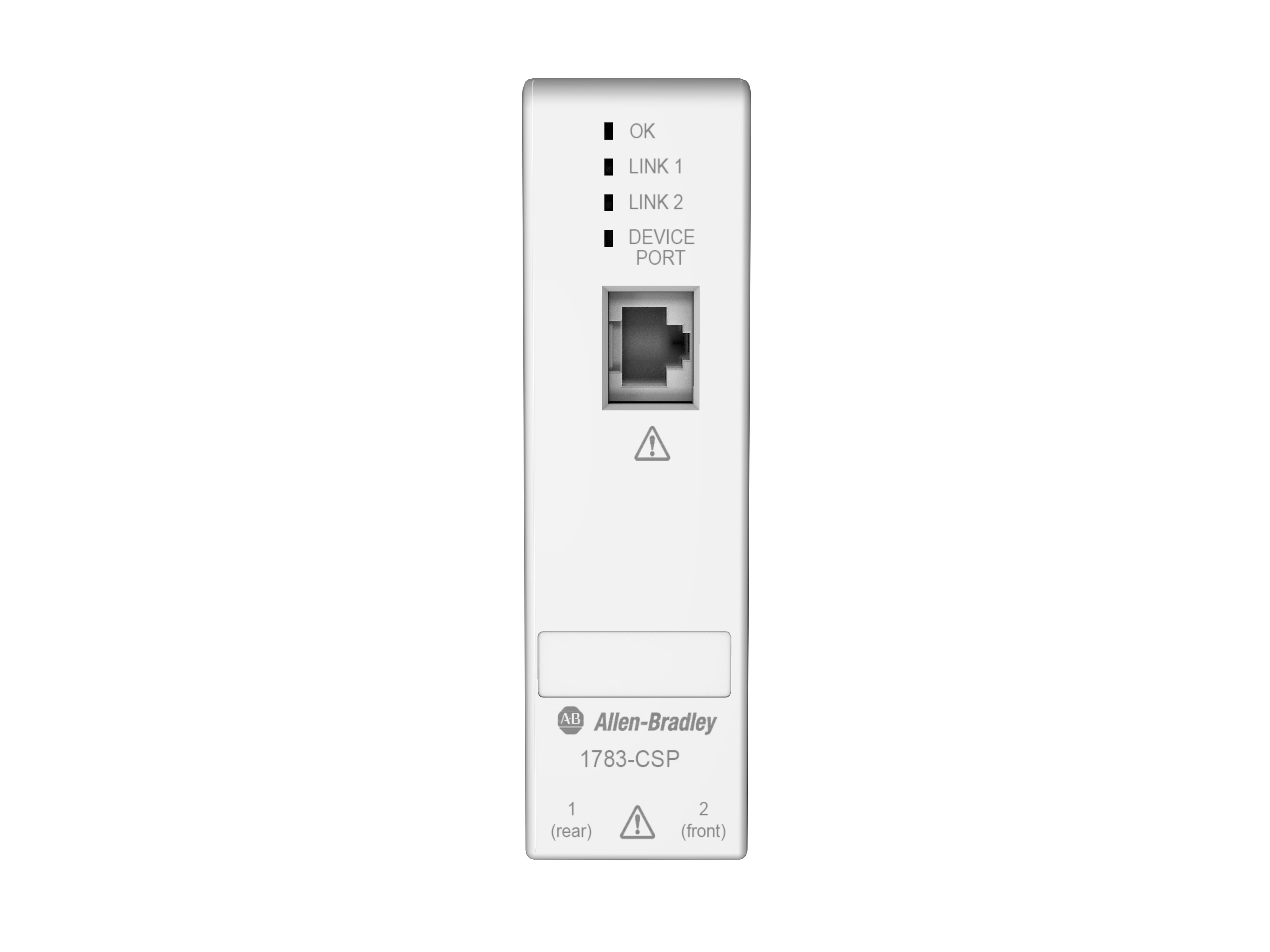 Front view of 1783-CSP CIP Security Proxy. Showing lights and EtherNet port