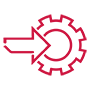 red outline gear icon with arrow from left