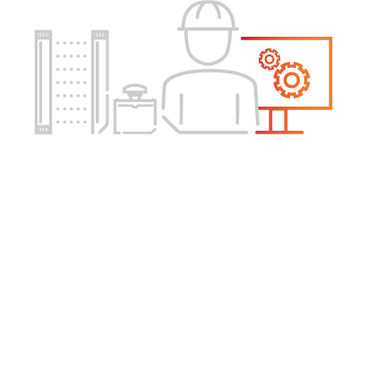 Icon collage containing safey devices and a user at a computer, computer is highlighted with color while devices and user are grey