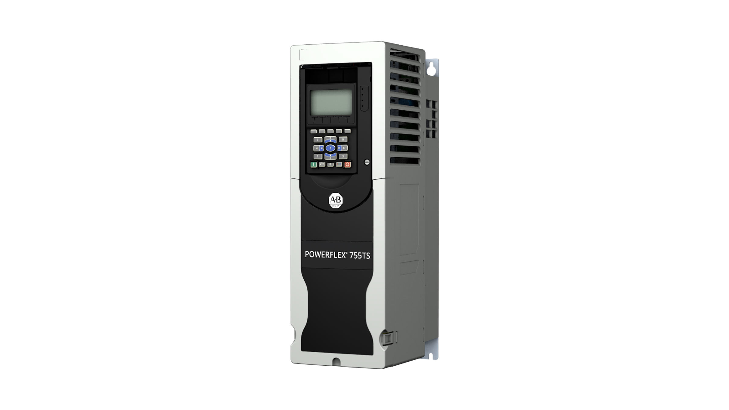One PowerFlex 755TS drive. It is gray and black wth a keypad on the front. It is a tall , thin rectangular shape with a rounded top and flat bottom. It has an Allen-Bradley logo on it.