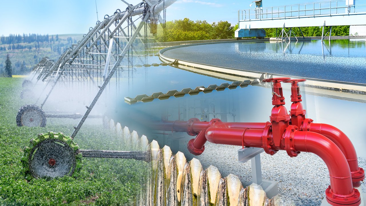A collage image of three key industries for Micro800 controllers. From left to right, the image shows part of an automated irrigation land sprinkler on a green farm field, side view of an outside water treatment plant basin with a walkover bridge and close-up view of two red generator pump skid pipes in the foreground right lower corner.