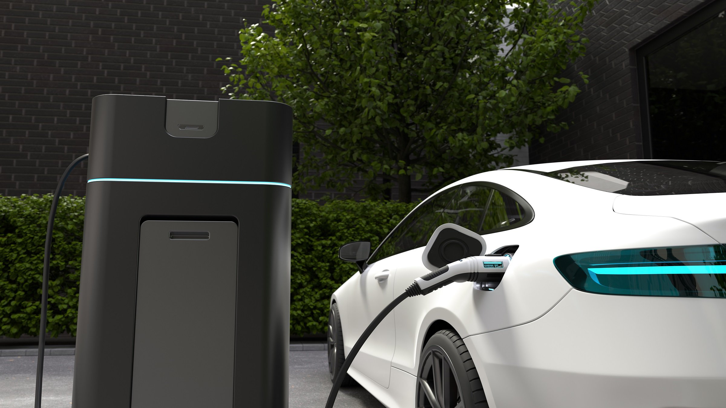 Electric car charging at home, Clean energy filling technology. 3D illustration