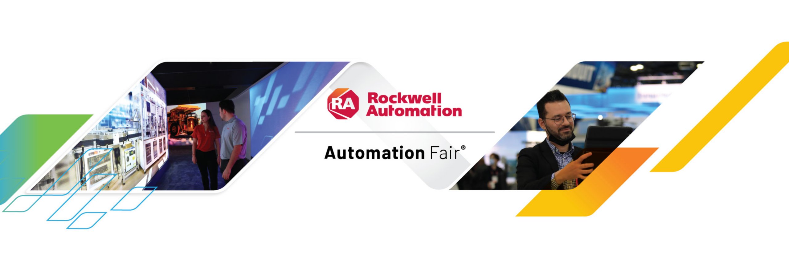 Rockwell Automation – Automation Fair logo with an image of a male and female walking through an exhibit with image of technology on surrounding screens and an image of a male using a tablet on an event show floor. 
