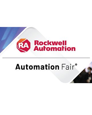 Rockwell Automation – Automation Fair logo with an image of a male and female walking through an exhibit with image of technology on surrounding screens and an image of a male using a tablet on an event show floor. 