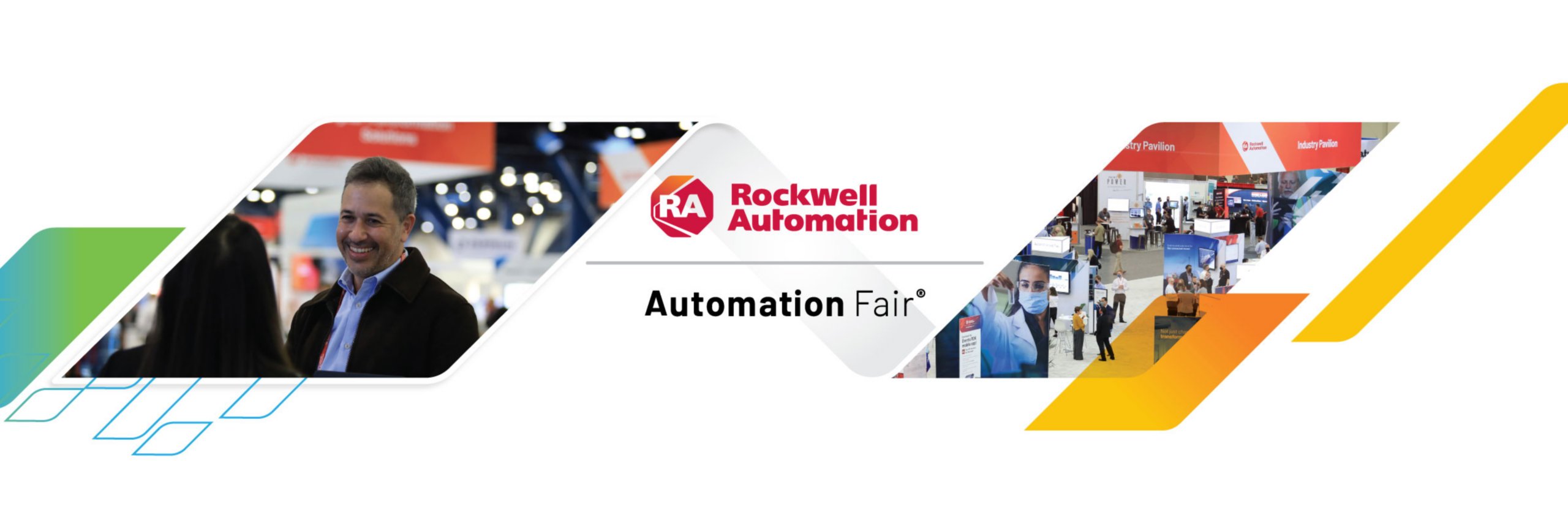 Automation Fair logo with an image of a male and female conversing on the left and an image on the right of an overview shot of the Automation Fair event expo with exhibits and people interacting.