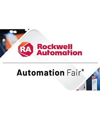 Automation Fair logo with an image of a male and female conversing on the left and an image on the right of an overview shot of the Automation Fair event expo with exhibits and people interacting.