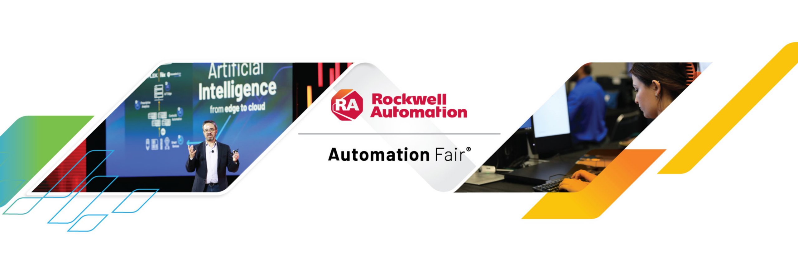 Rockwell Automation – Automation Fair logo with an image of a male giving a presentation with the words Artificial Intelligence on the screen and another image to the right of a female at a computer station in a hands-on lab session. 