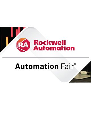 Rockwell Automation – Automation Fair logo with an image of a male giving a presentation with the words Artificial Intelligence on the screen and another image to the right of a female at a computer station in a hands-on lab session. 