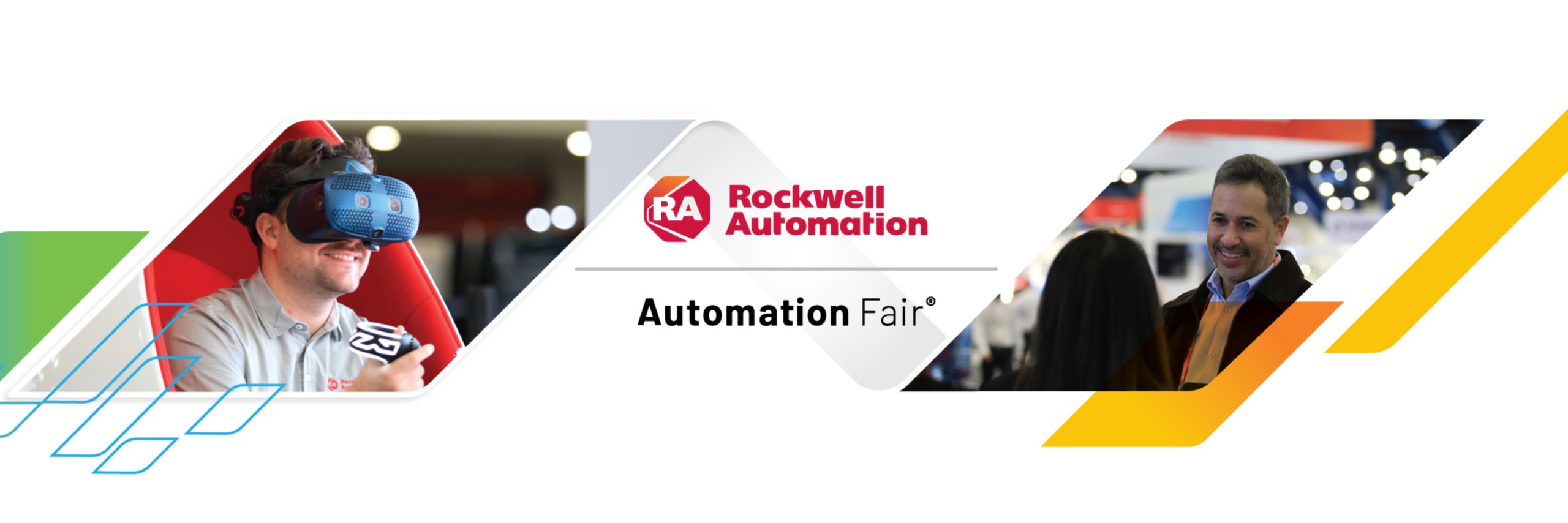 Rockwell Automation - Automation Fair logo with an image of a Rockwell Automation employee wearing AR goggles on the left and an image of a male and a female talking with the Automation Fair Expo in the background to the right. 