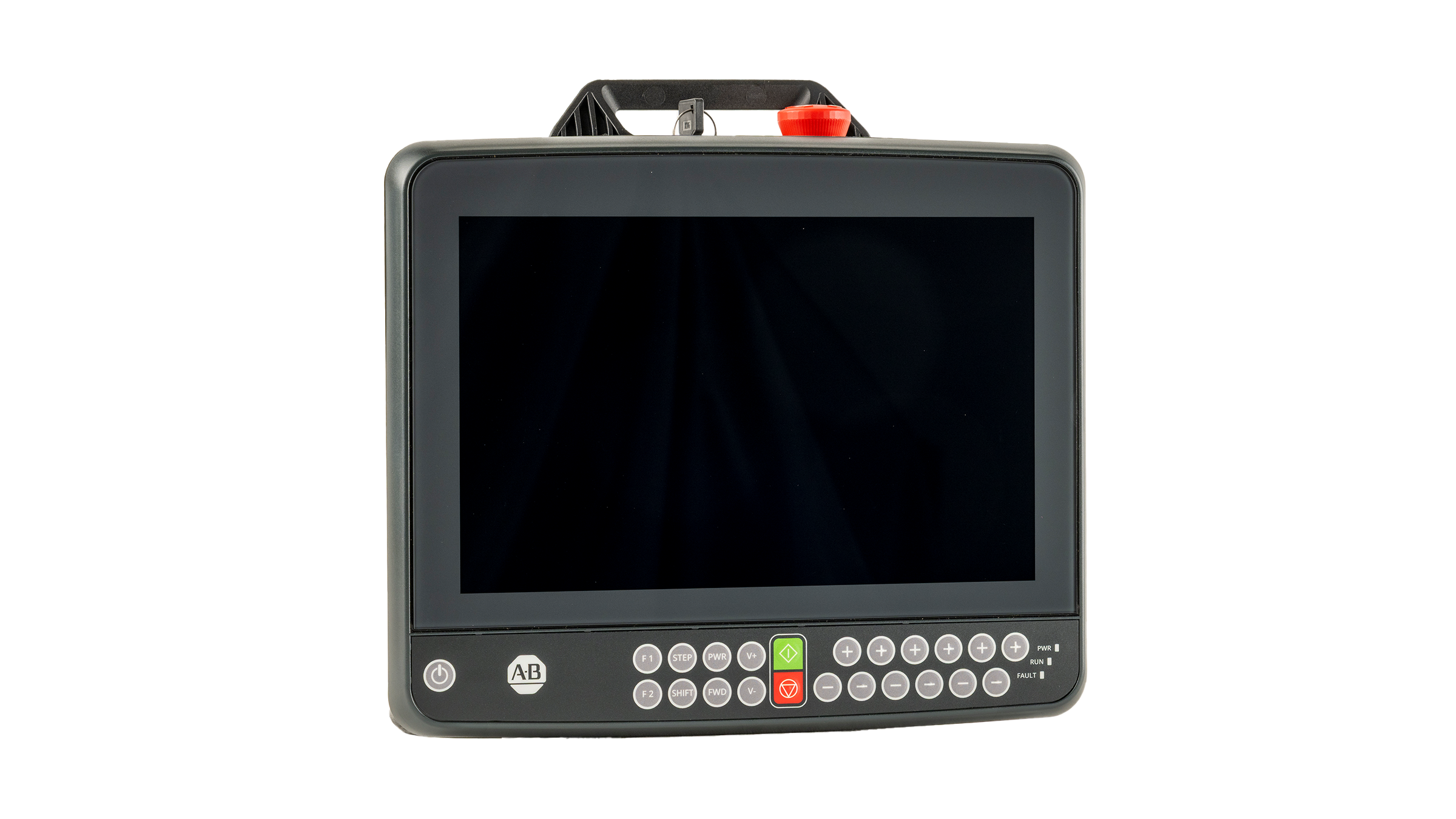 Allen-Bradley MobileView2 front facing at an angle, blank screen 