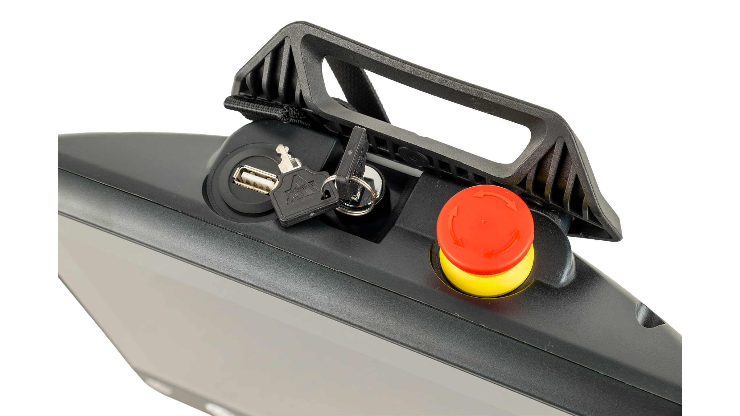 Allen Bradley MobileView2 button side, shown with keys 