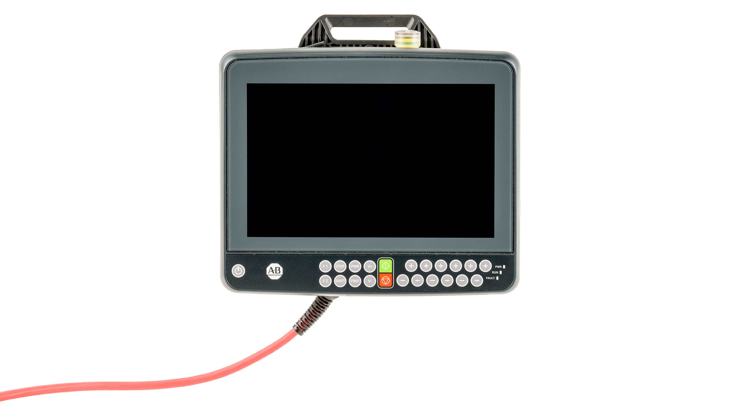 Allen Bradley MobileView2 front facing, blank screen, shown with tethered cable