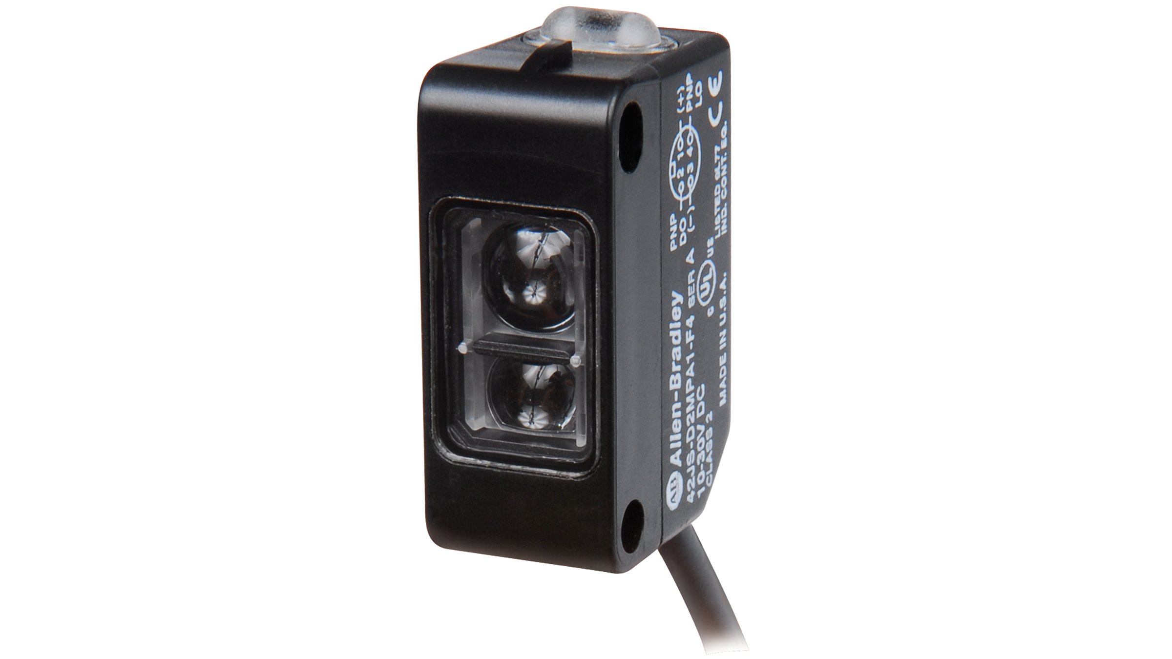 黑色 42JS VisiSight 传感器的静态视图，顶部有 LED 指示灯和调节旋钮，底部有线缆连接器。