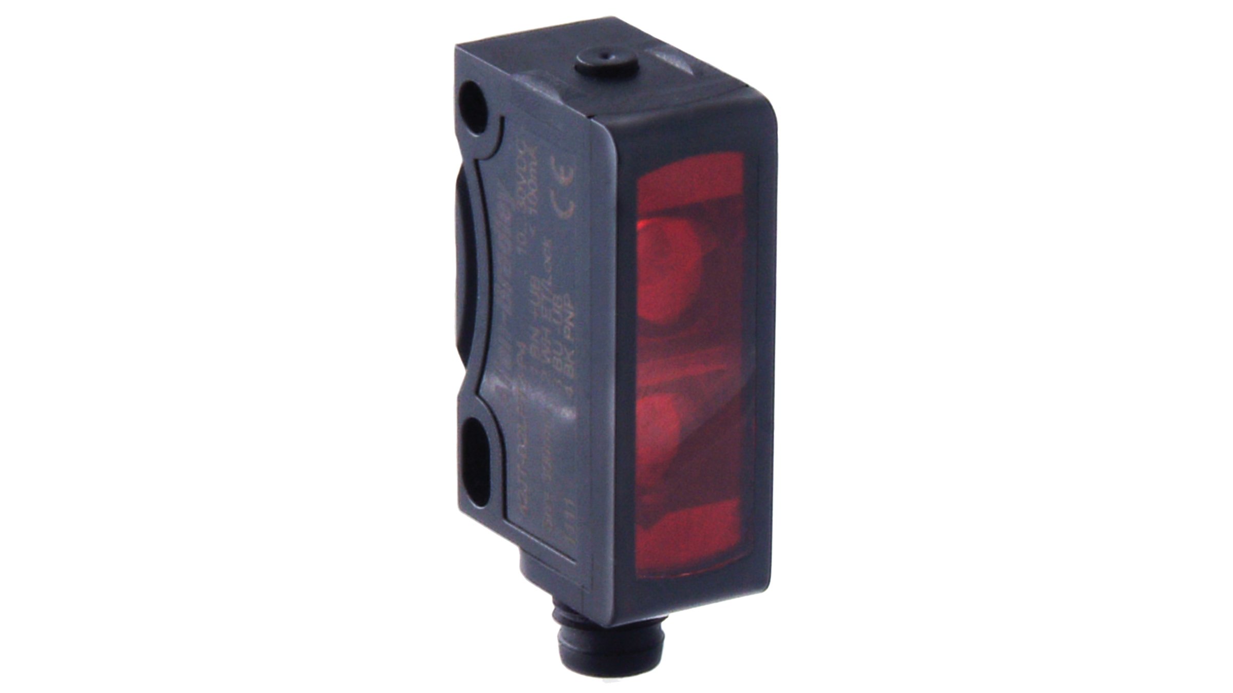 Una visión estática de un sensor VisiSight 42JT de color negro con lente roja y conector de cable rápido integrado en la parte inferior