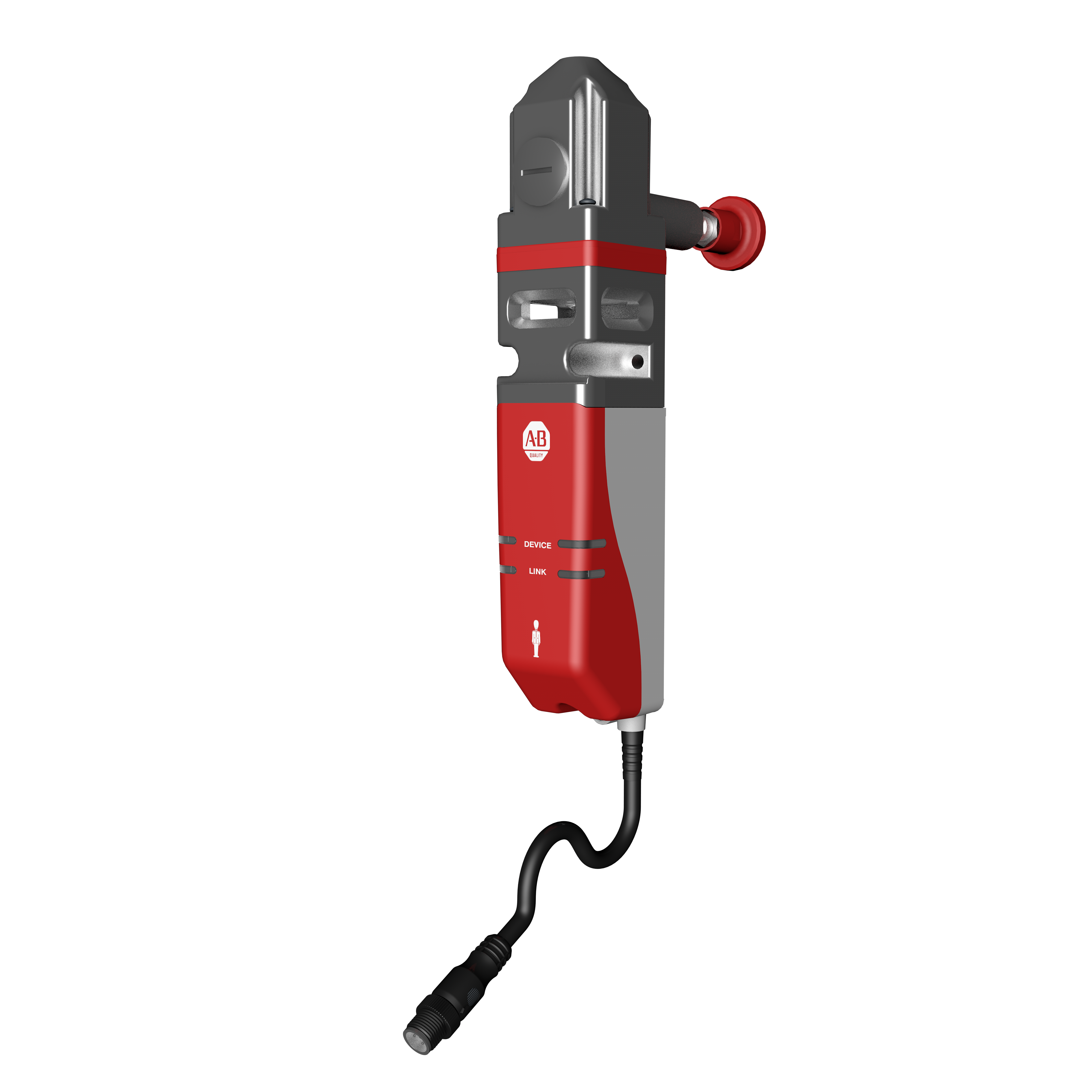 440G-MZ Sicherheitszuhaltung mit rot-grauem Sicherheitskunststoffgehäuse unter einem Aluminiumwürfel mit einem Fluchtentriegelungs-Griff von der Rückseite und einem Kabel, das aus der Unterseite kommt. Allen-Bradley-Branding und LED-Anzeigen befinden sich vorne am roten Gehäuse