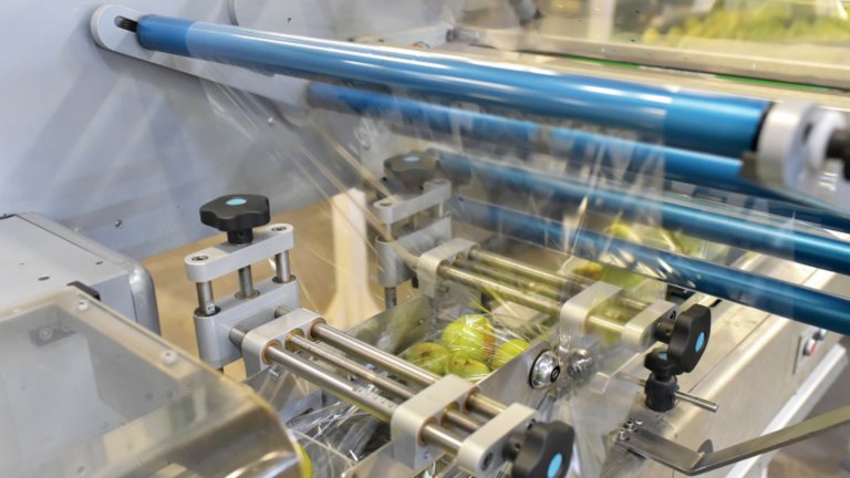 modern packaging machine for fresh pears in a factory for food industry 