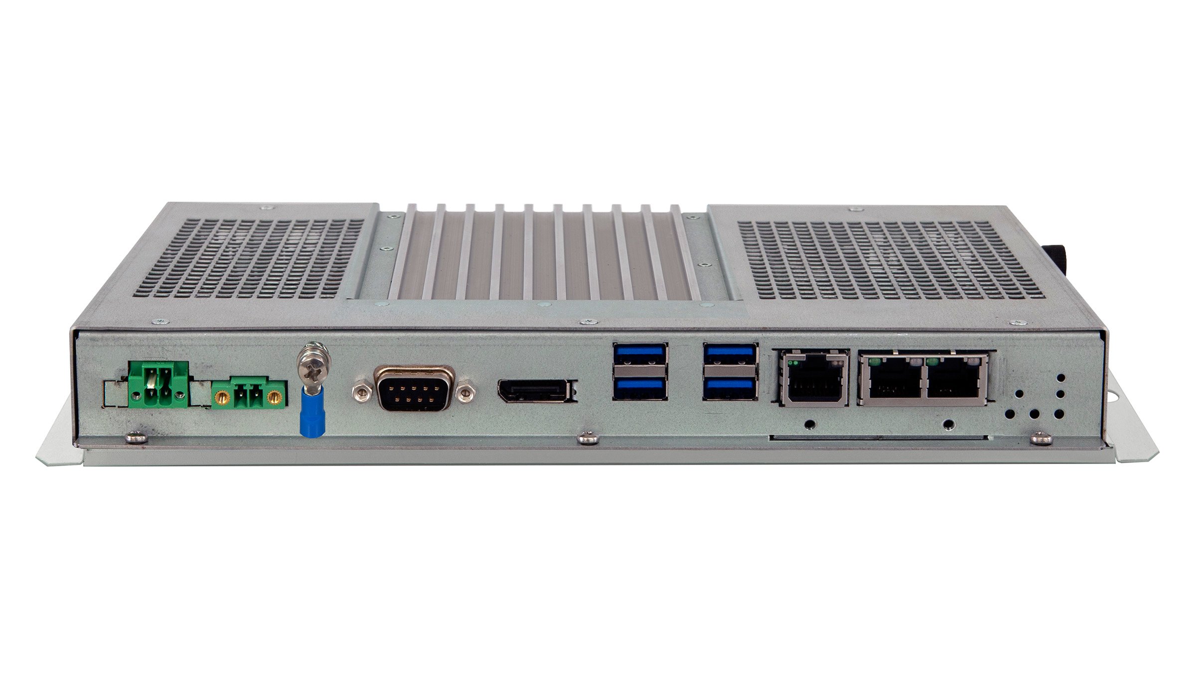 6300B-EW1-A A slim grey industrial box PC with the power and communications ports facing forward.