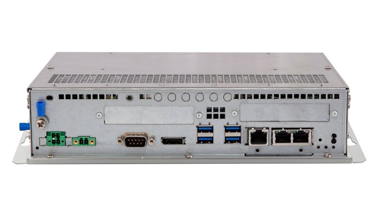 6300B-EW1-B A grey industrial box PC in a medium-size format with the power and communications ports facing forward.