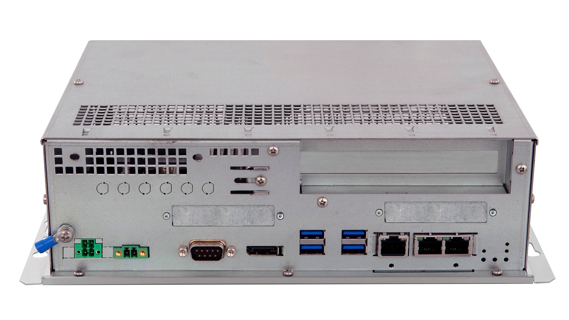 6300B-EW1-C A grey industrial box PC in a large-size format with the power and communications ports facing forward.