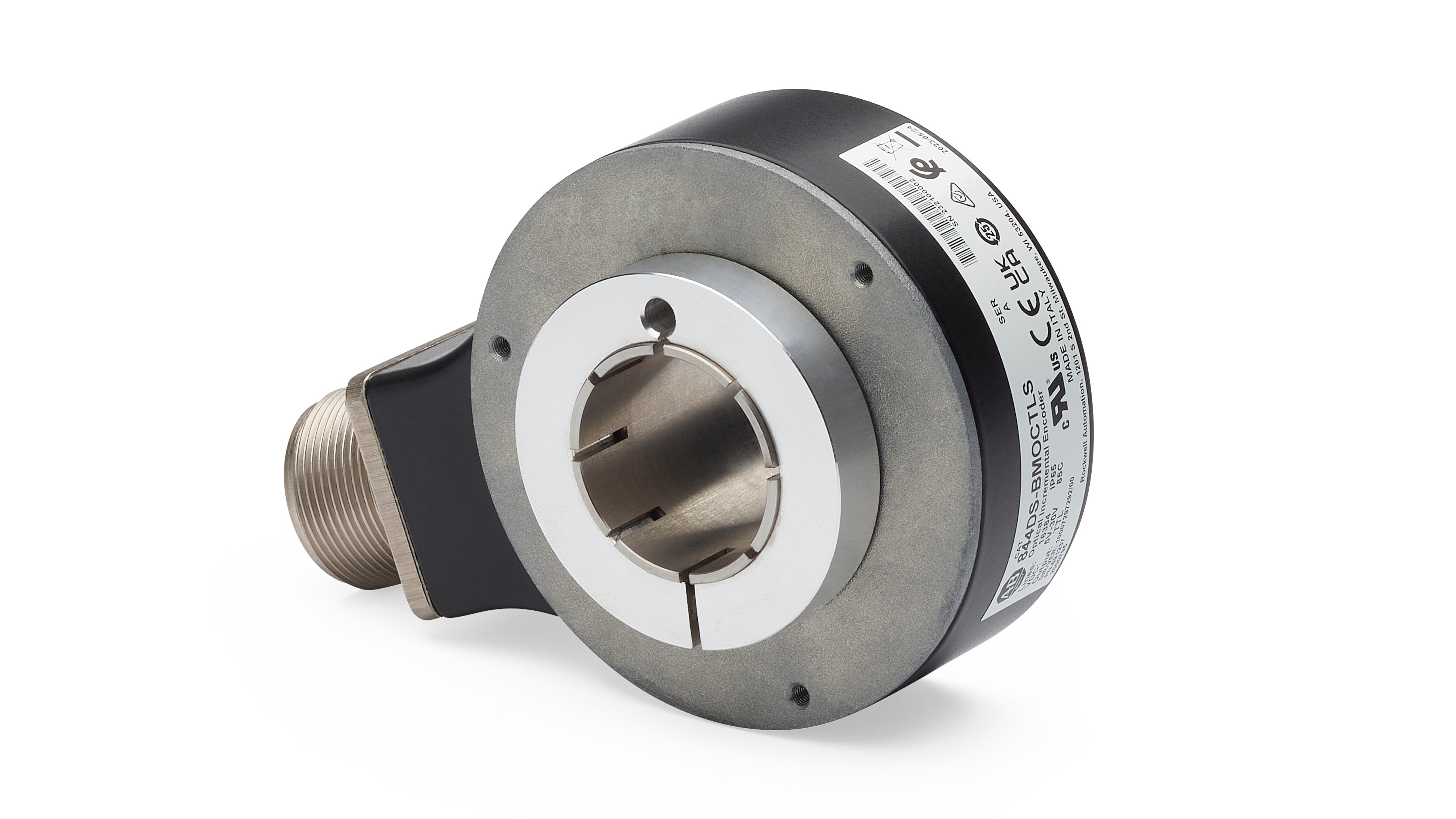 844DS Through-shaft Optical Incremental Encoder with aluminum optical encoder shaft facing out and connector tilted back to the left.