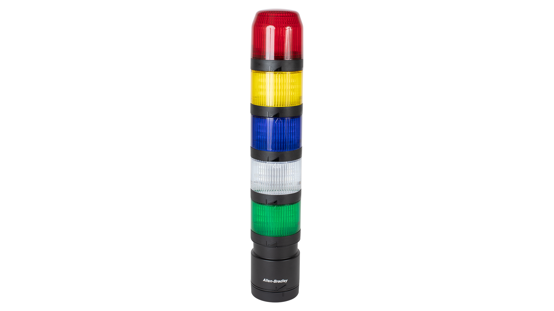 IO-Link stack light from top to bottom - black transducer sounder module, red, amber, and green unlit light modules, black vertical mount base