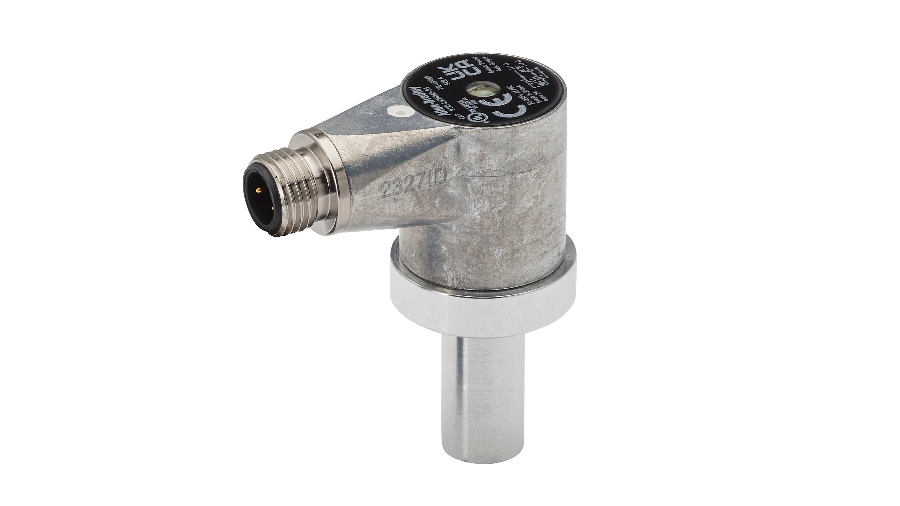 Low-profile 871D cylinder position proximity sensor with aluminum housing with stainless steel sensor probe facing down and connector facing left.
