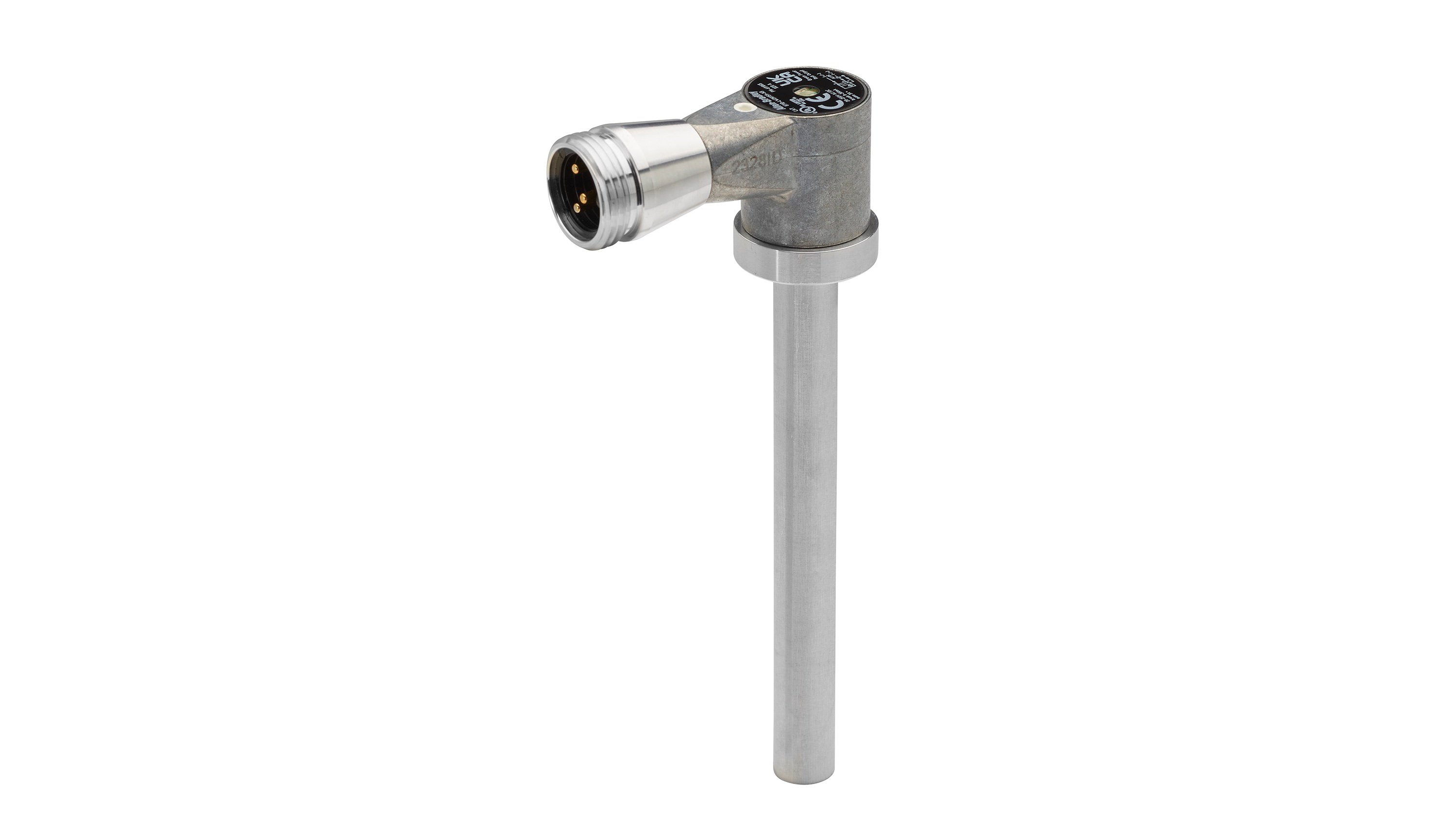 Mini 871D cylinder position proximity sensor with aluminum housing with stainless steel sensor probe facing down and connector facing left.