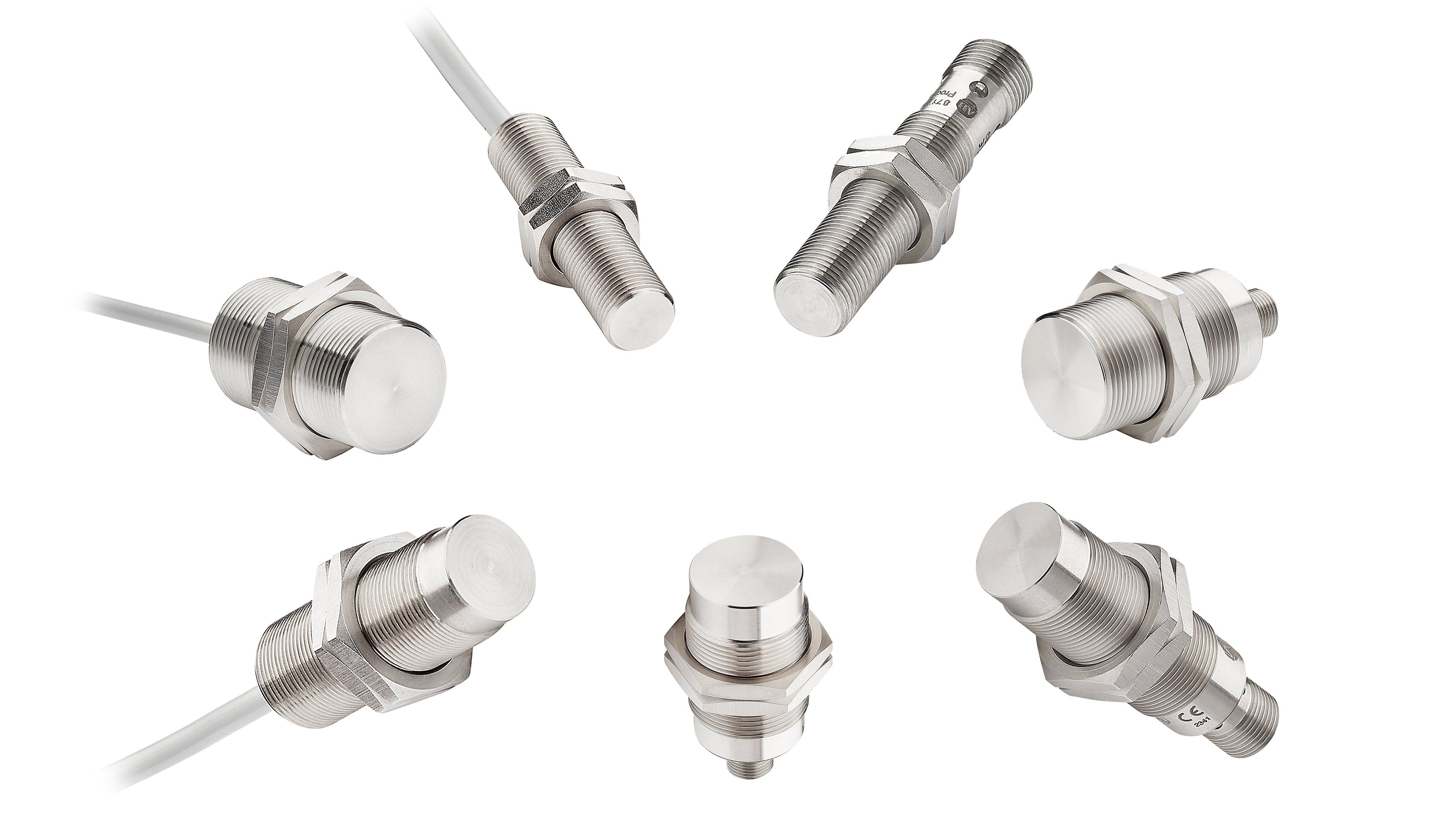 Group image of seven tubular stainless steel sensors with different sized connection terminals.
