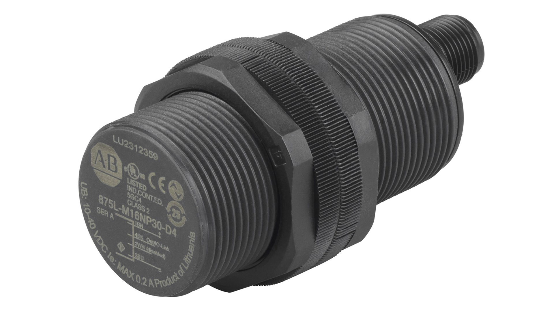 Black Cylindrical Capacitive Sensor with 30 mm Barrel Diameter and DC Micro Quick Disconnect