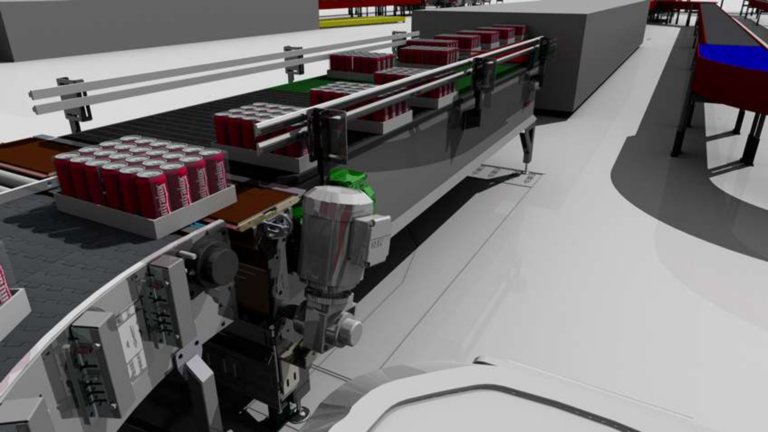 Close-up 3D model of conveyor system moving parts in cartons
