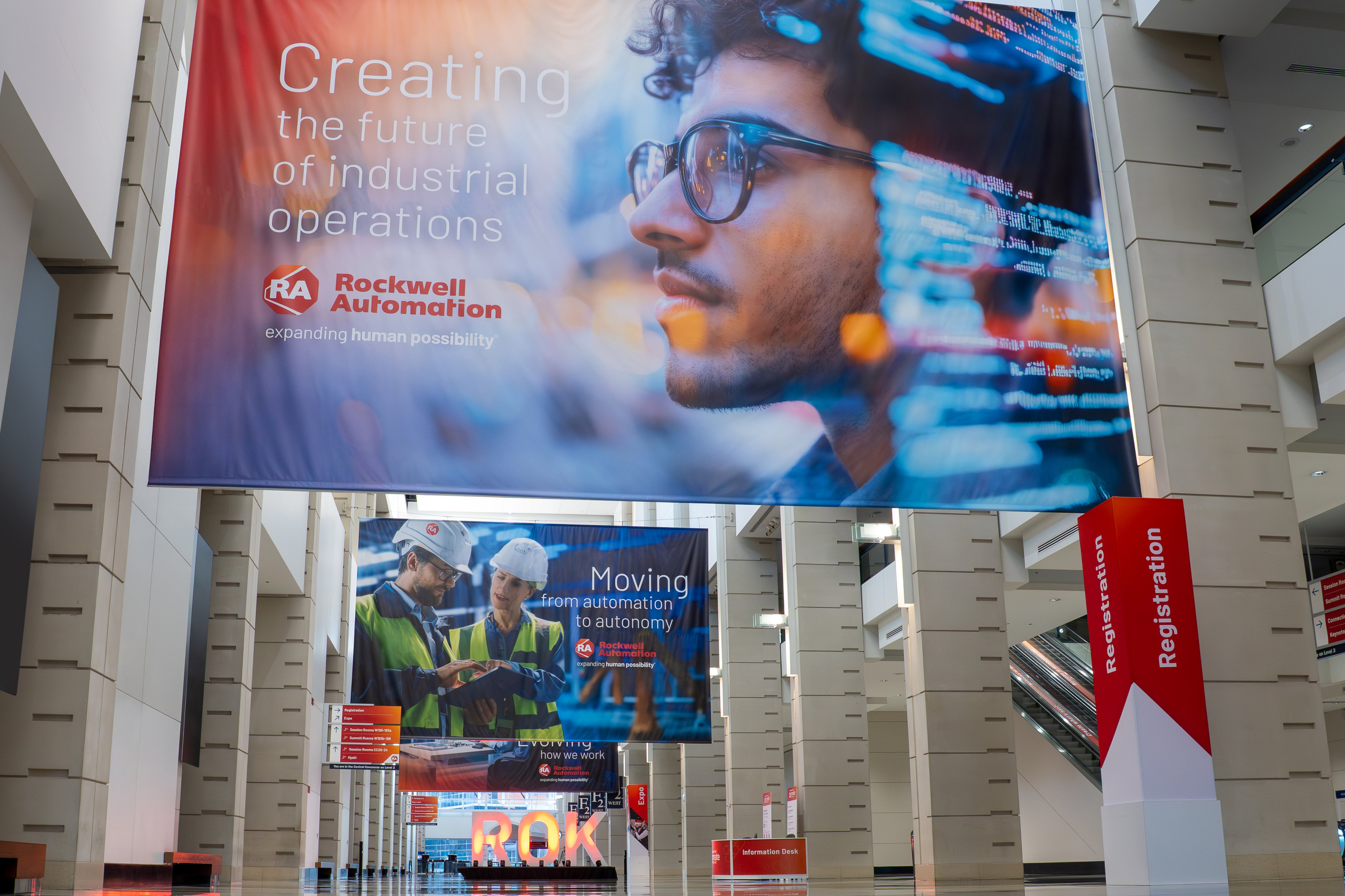 Banners hanging from ceiling in McCormick Place for Automation Fair 2025