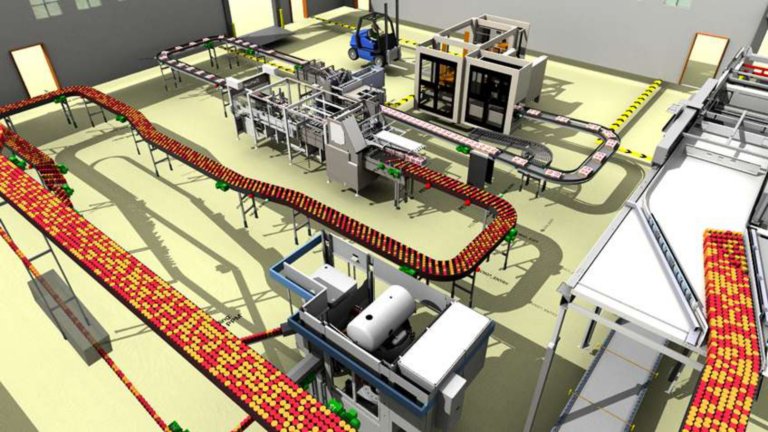 3D model of conveyor system moving a number of products to display advances using Emulation technology