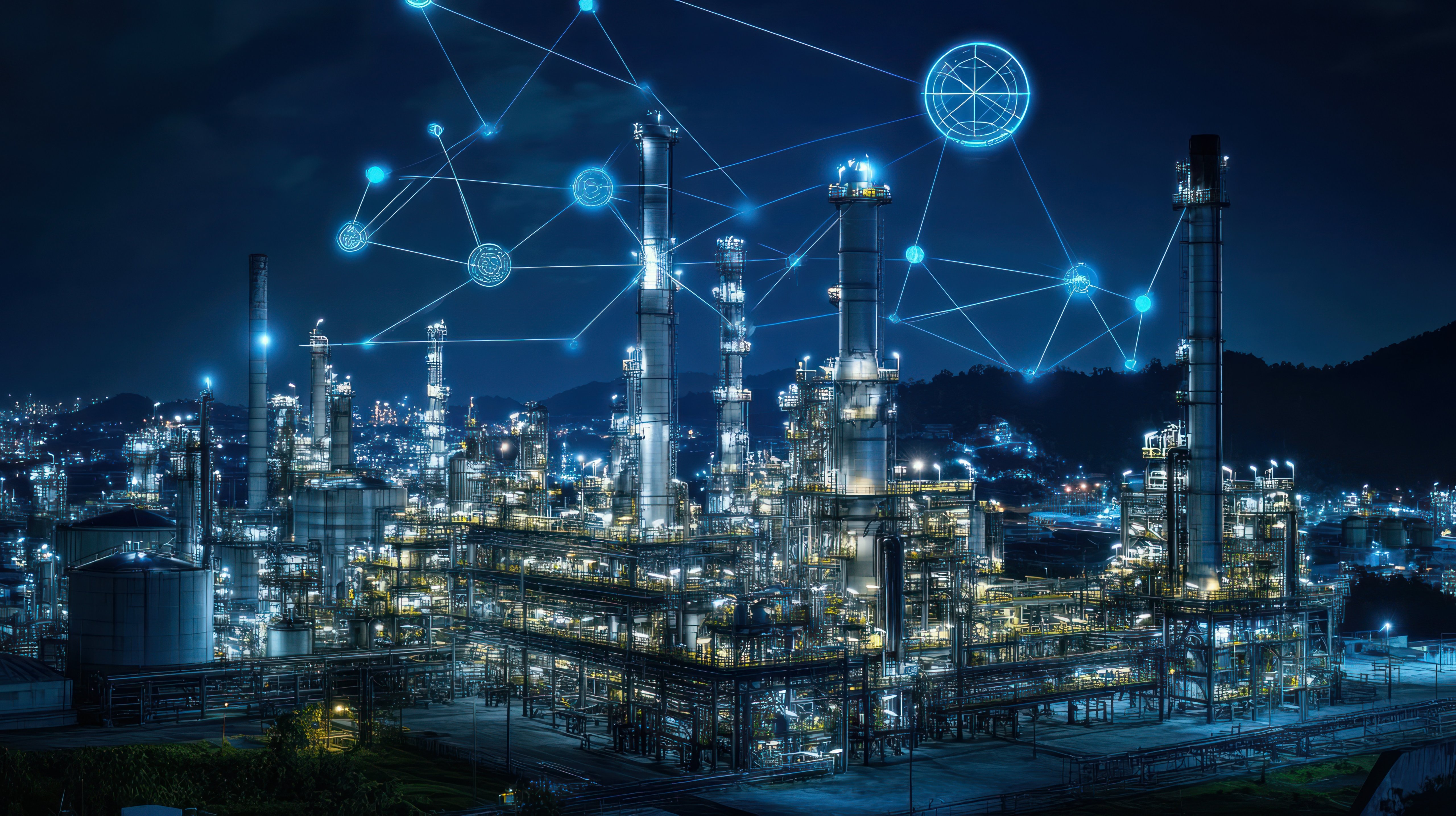 Industry 4.0 concept of Oil refinery with global energy network icon, Industrial petrochemical plant at night, Thailand --ar 16:9 --v 6.1 Job ID: 9f7d6c67-313e-4420-b723-908fec620bc5