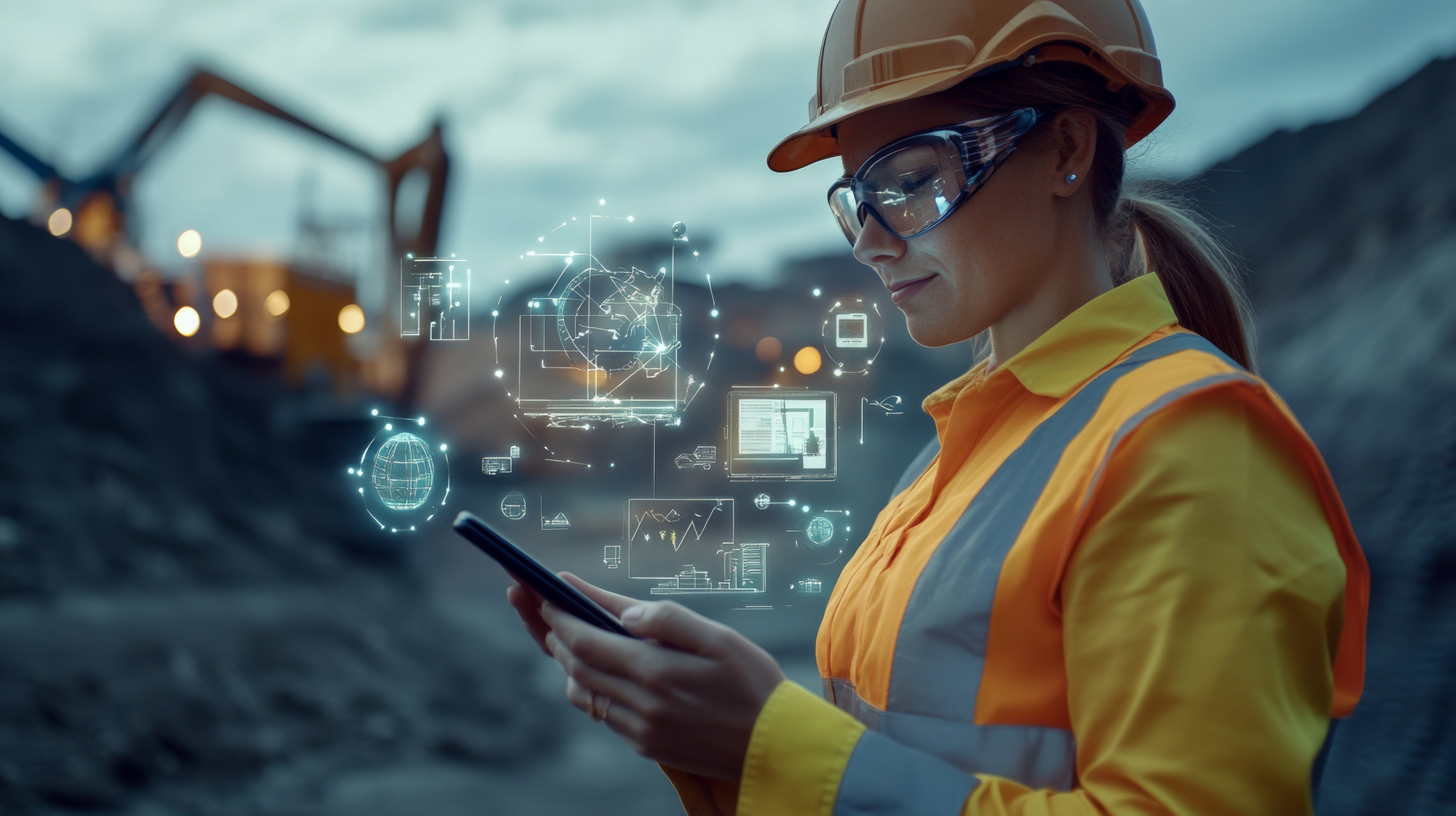 Workers in the natural resource sector with smartphones, featuring animated icons that illustrate the connectivity of global business and digital technology in a hyper-realistic depiction --ar 
