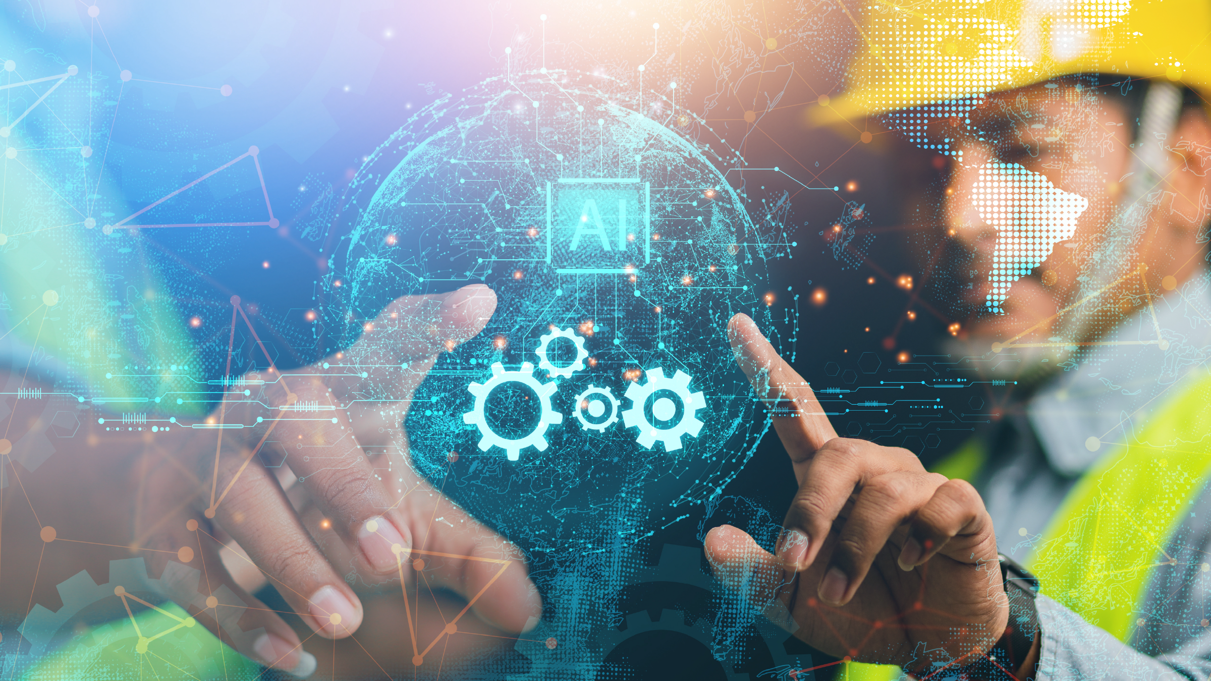 Digital illustration of AI in manufacturing, showing a connected globe with data networks, gears, and a worker interacting with a virtual interface