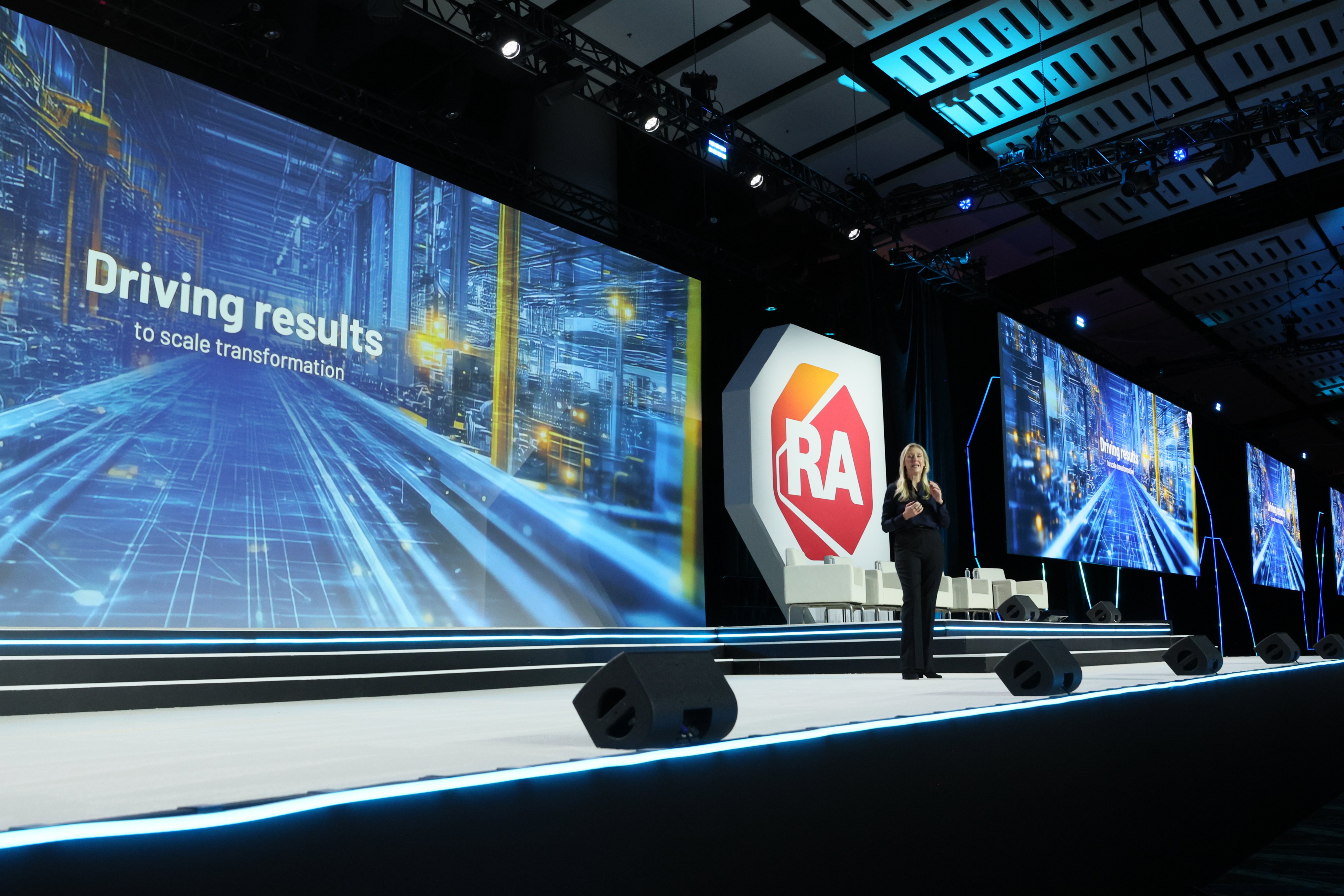 Tessa Myers on stage for a keynote presentation at Automation Fair