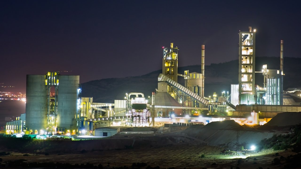 Cement plant in operation in the evening