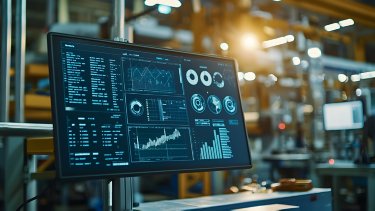 Digital dashboard displaying real-time control metrics and analytics for data-driven factory optimization and productivity improvement.