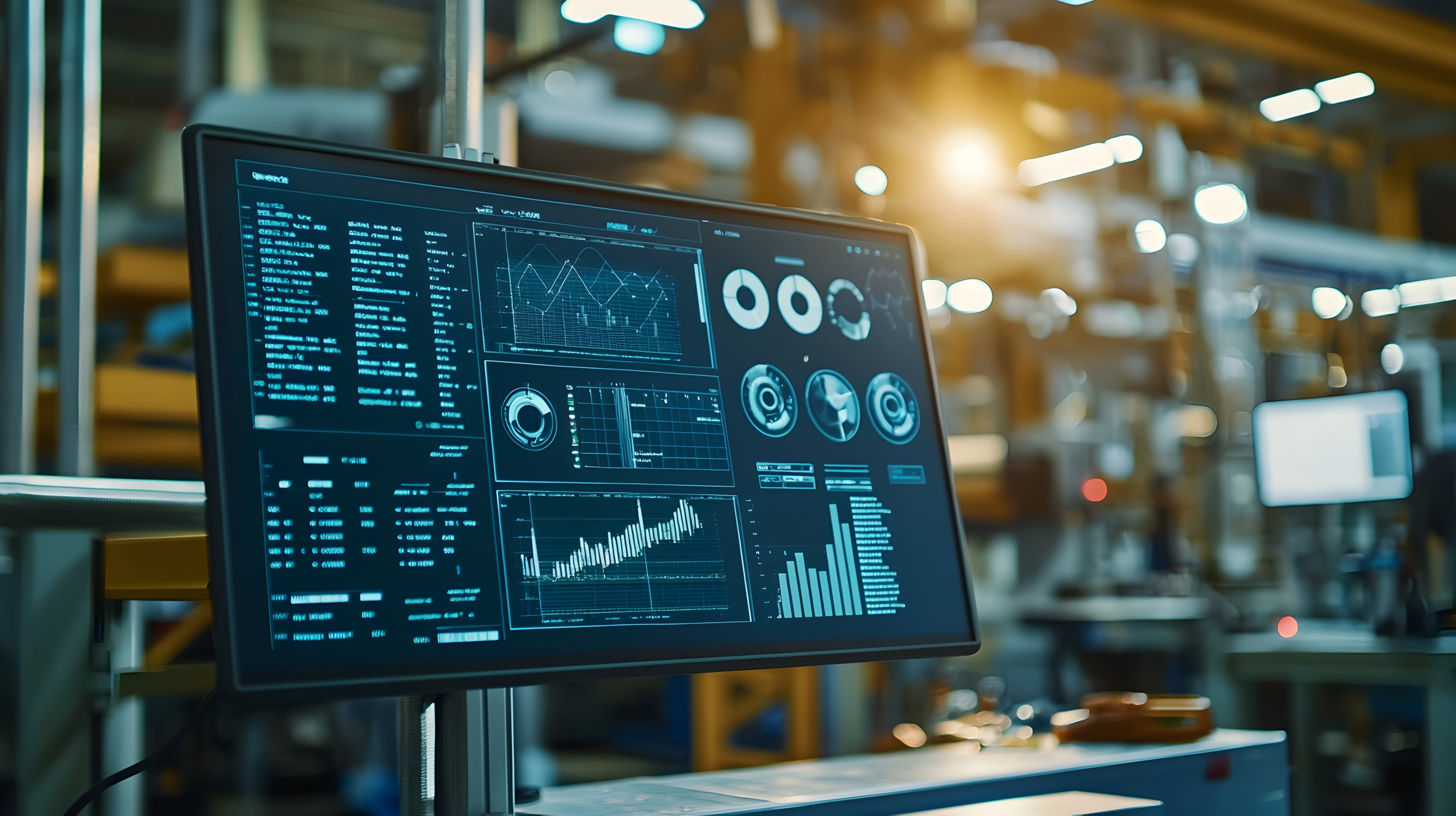 Digital dashboard displaying real-time control metrics and analytics for data-driven factory optimization and productivity improvement.