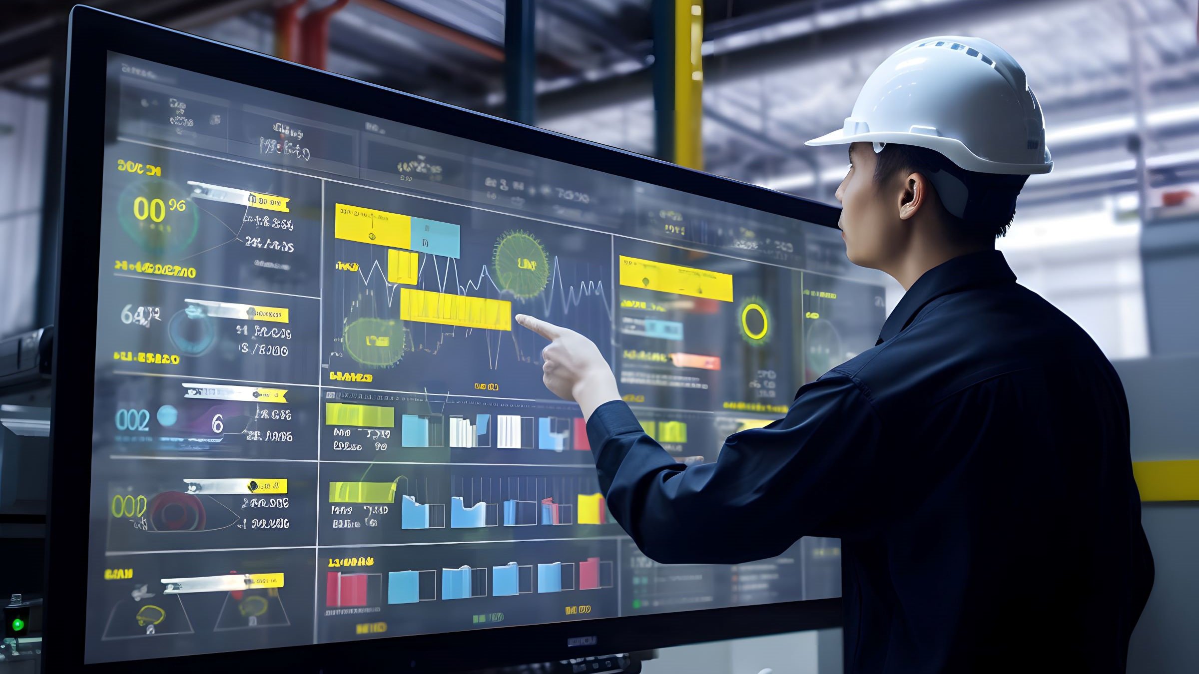 A factory worker monitoring production metrics and data on a computer screen, analyzing trends and making data-driven decisions to optimize productivity. Generative AI