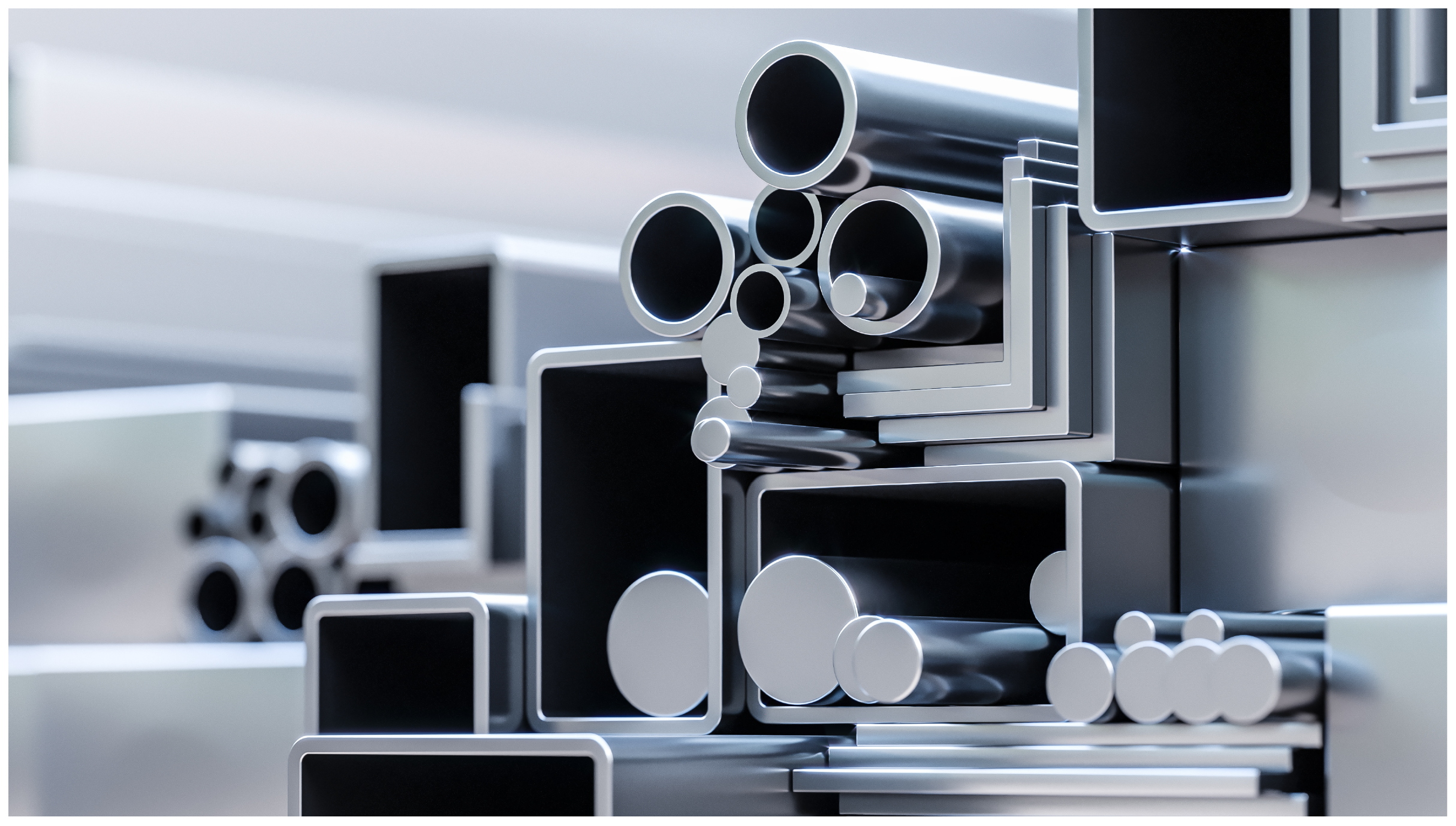 Stacked steel profiles and tubes of various shapes and sizes arranged in an industrial setting