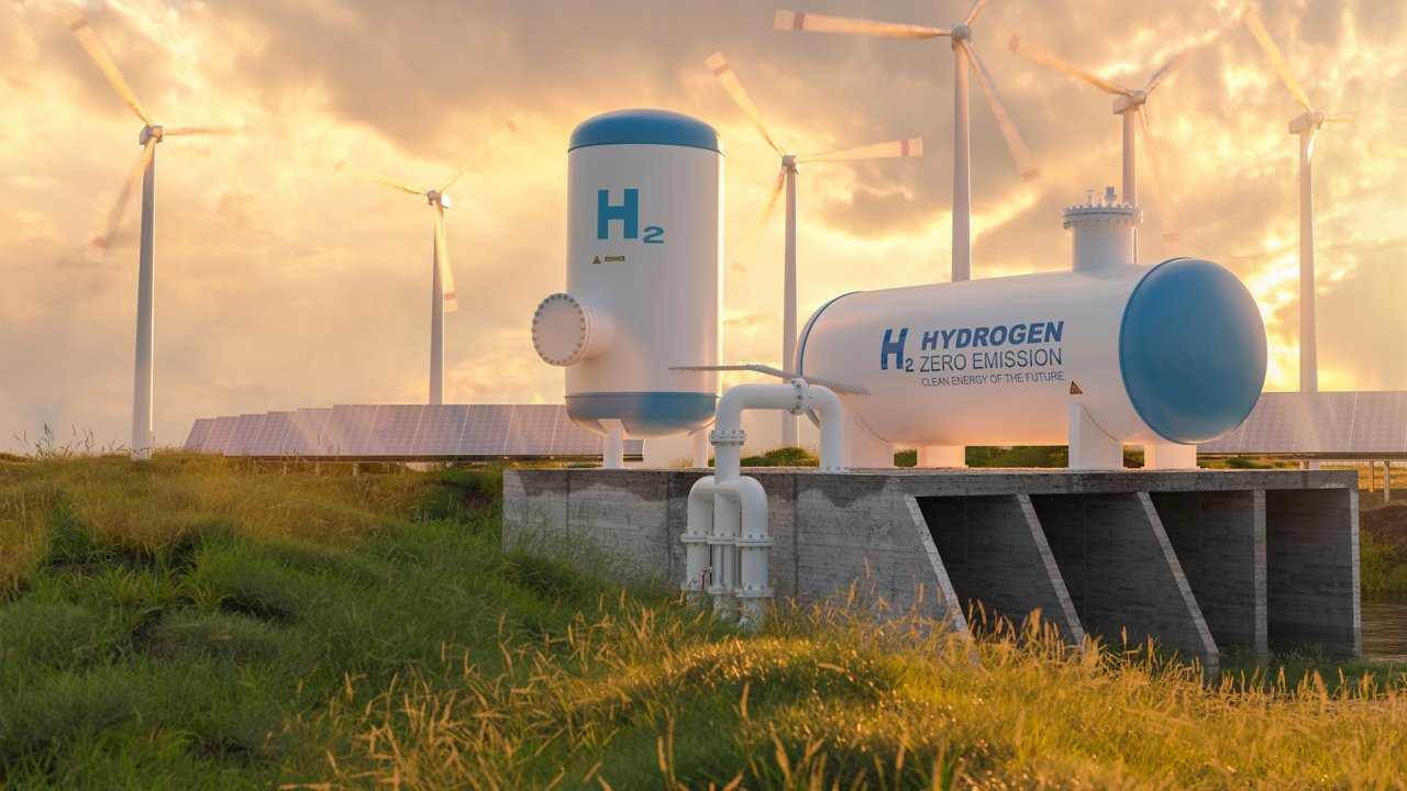 Hydrogen gas tank placed in beautiful landscape